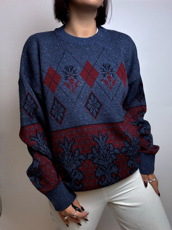 Pull bleu et rouge à motifs vintage L