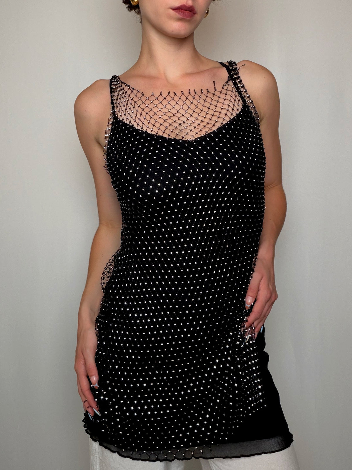 Schwarzes Vintage-Top mit Strasssteinen
