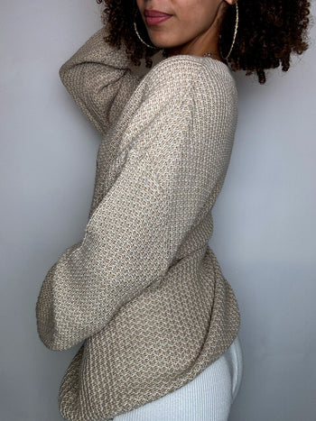 LACOSTE L vintage beige braided crew neck sweater