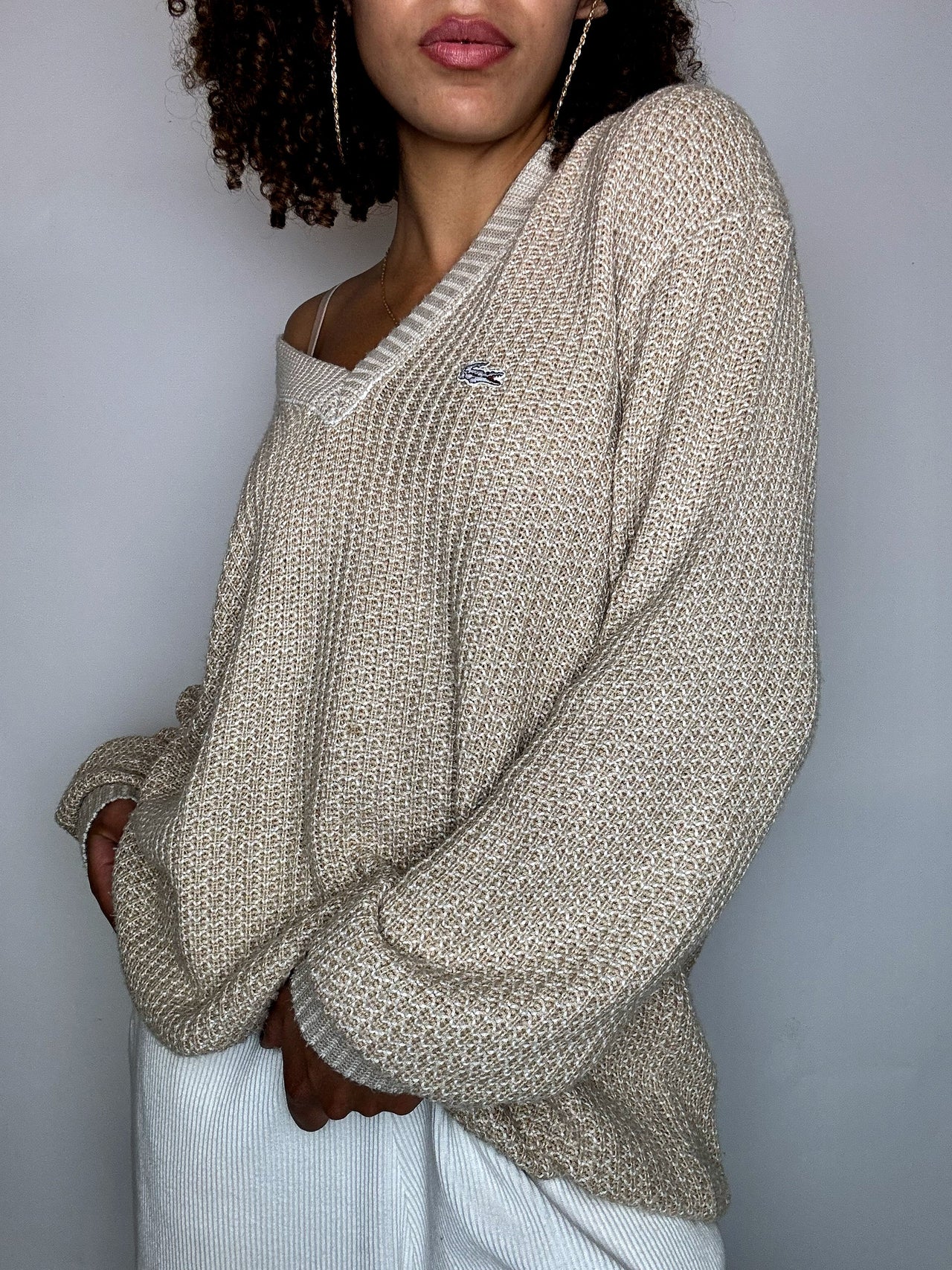 LACOSTE L vintage beige braided crew neck sweater