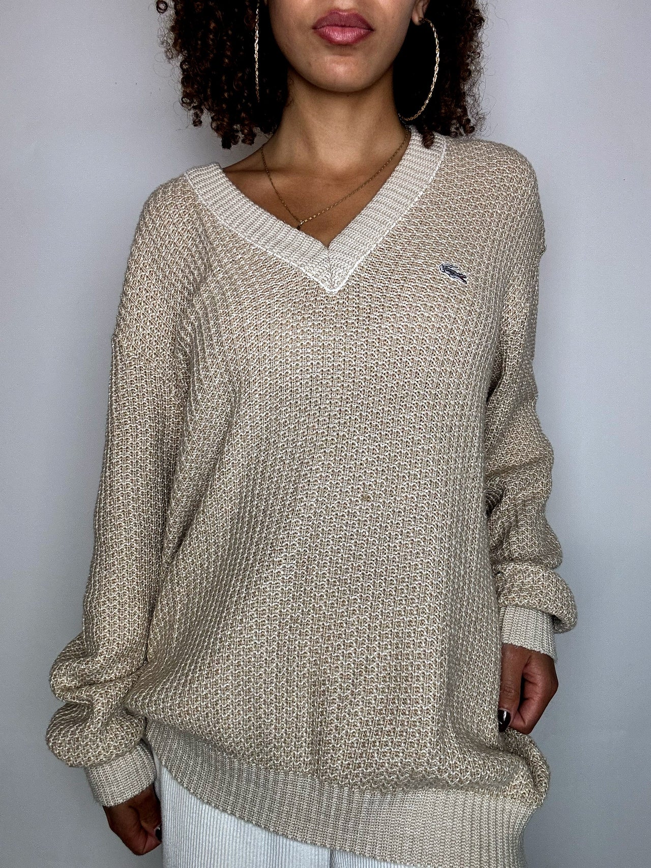 LACOSTE L vintage beige braided crew neck sweater