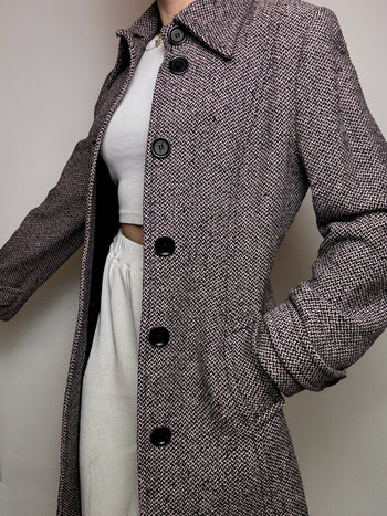 Manteau en laine chiné noir et rose S vintage