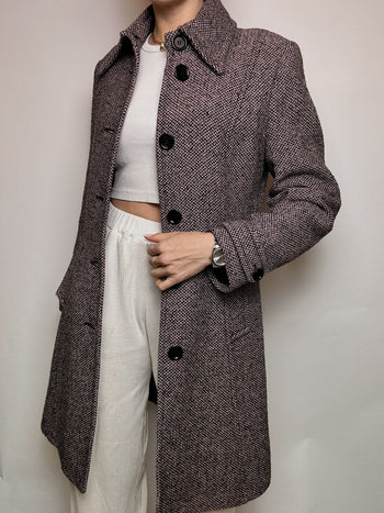 Manteau en laine chiné noir et rose S vintage