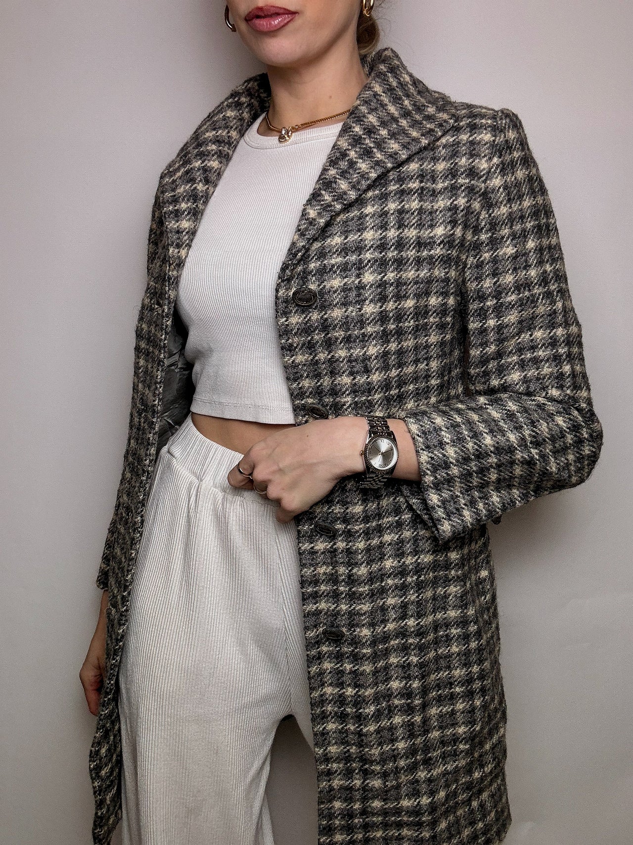 Vintage S grey plaid wool coat 