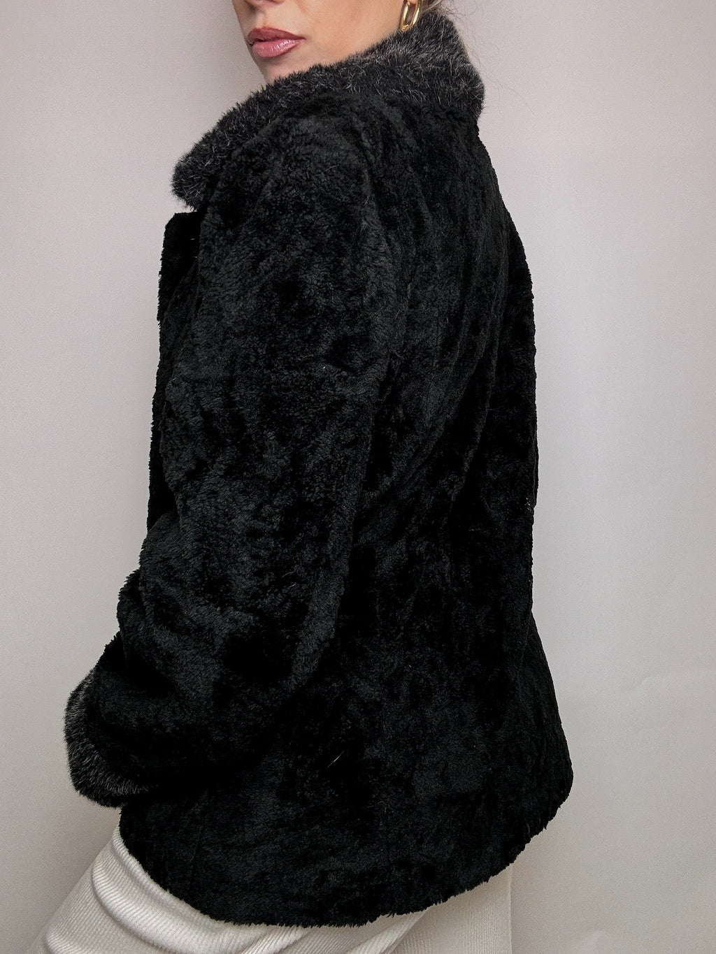 Vintage schwarzer Kunstpelz L 
