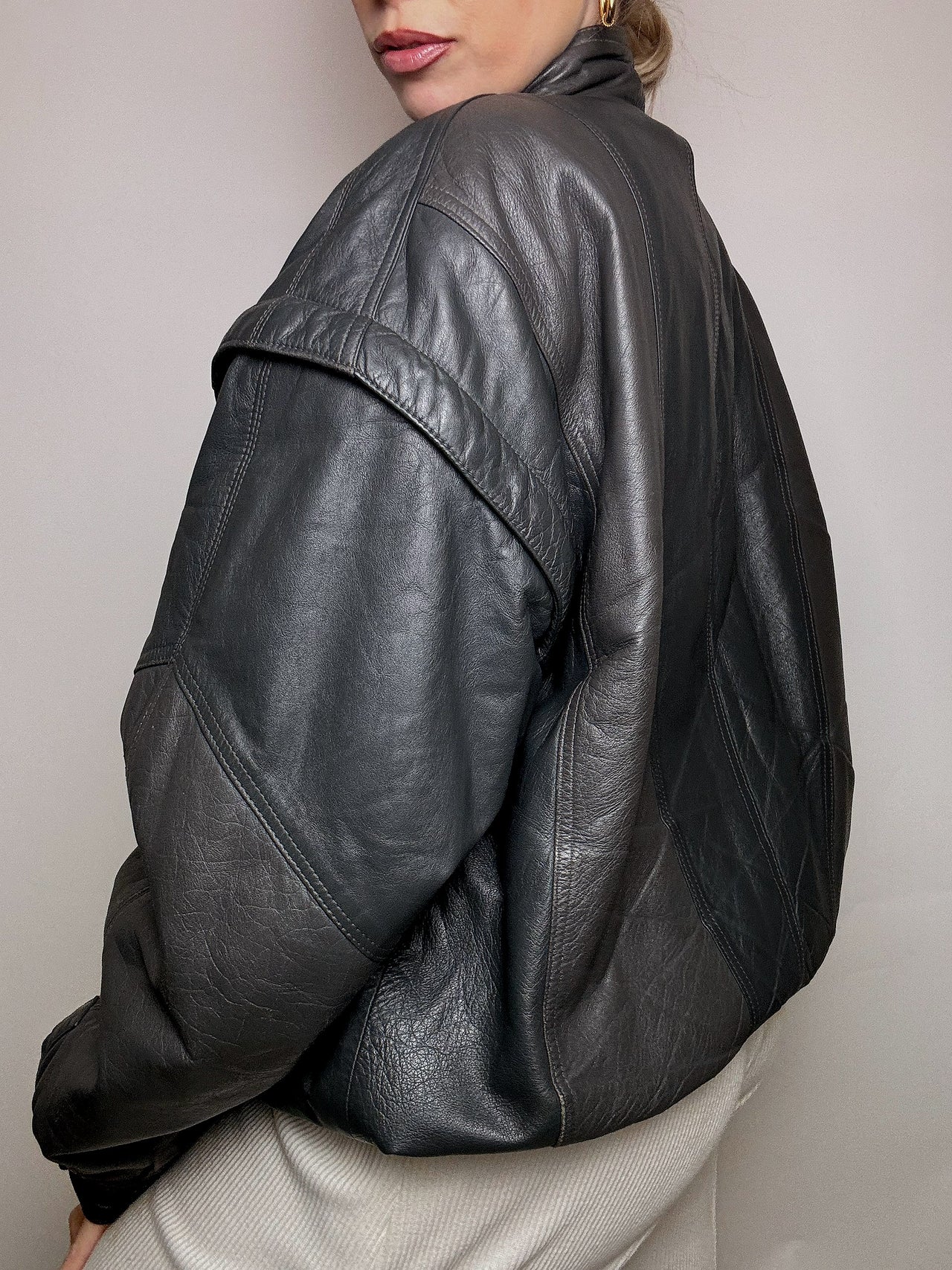 Blouson gris en cuir L/XL vintage