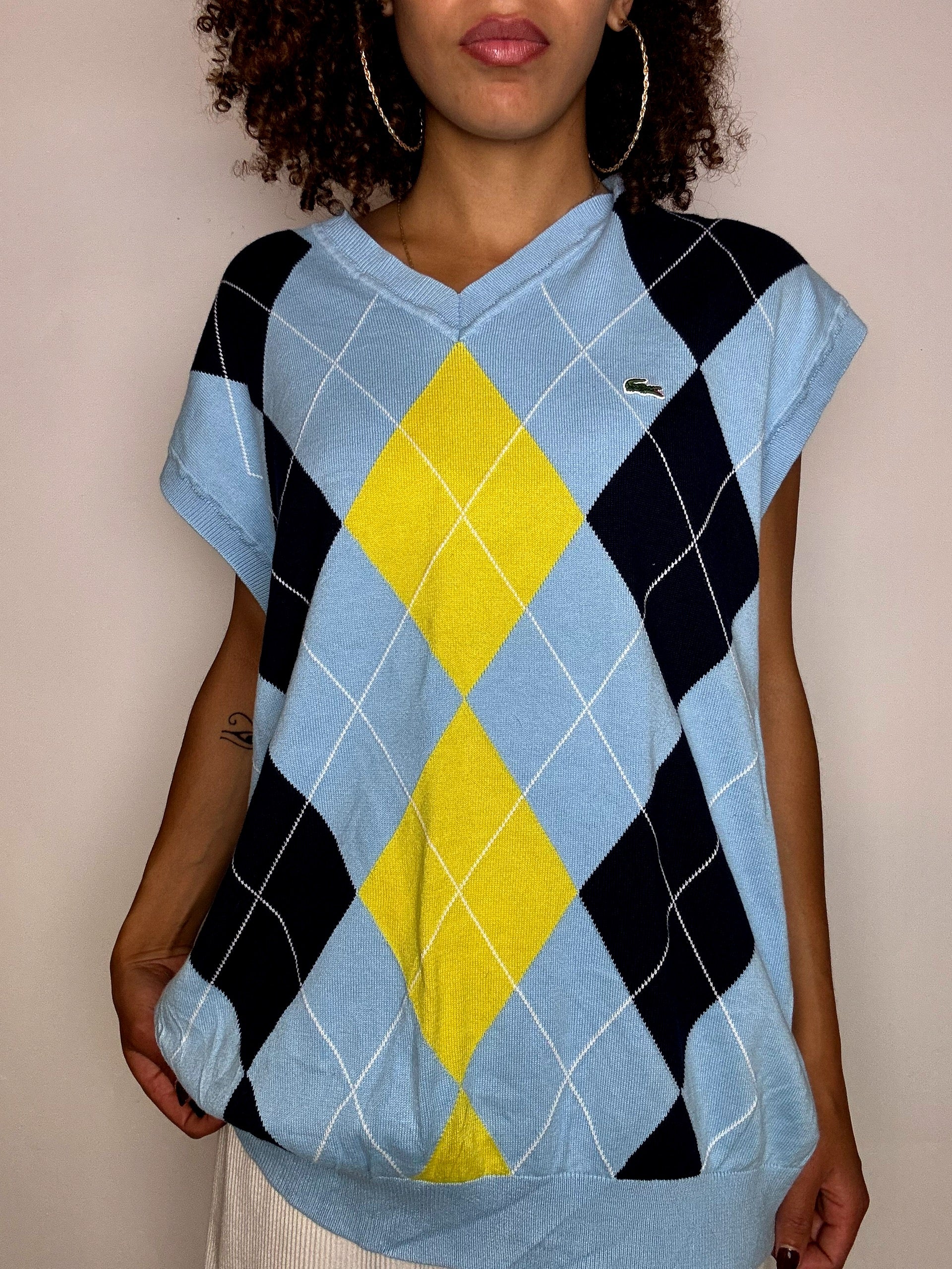 Gilet bleu ciel à motif argyle LACOSTE 3XL vintage