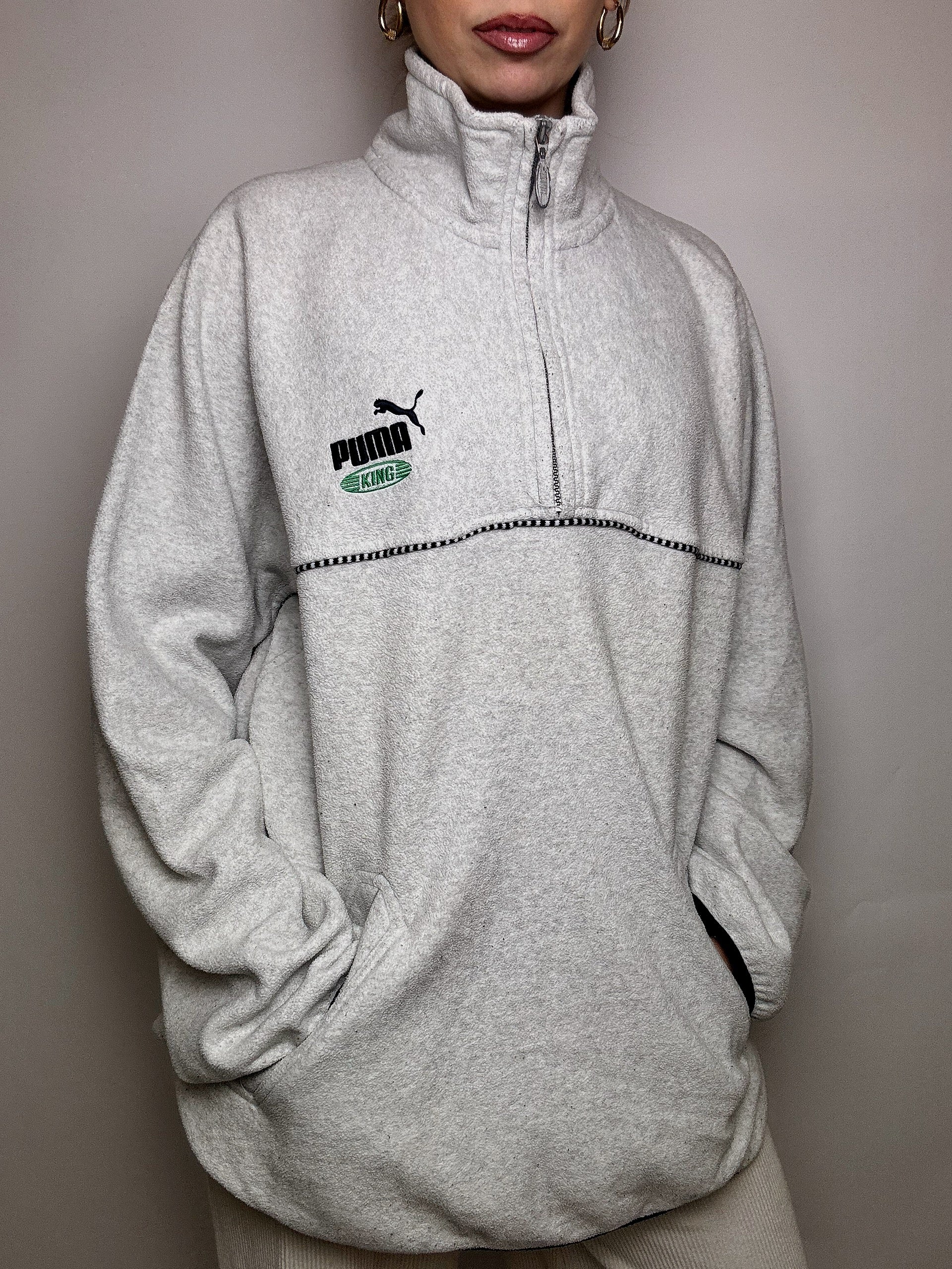 PUMA XL Vintage Graues Fleece mit durchgehendem Reißverschluss
