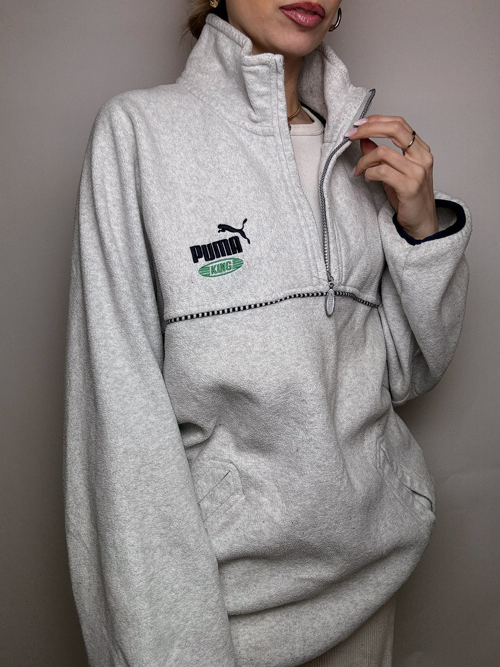 PUMA XL Vintage Graues Fleece mit durchgehendem Reißverschluss