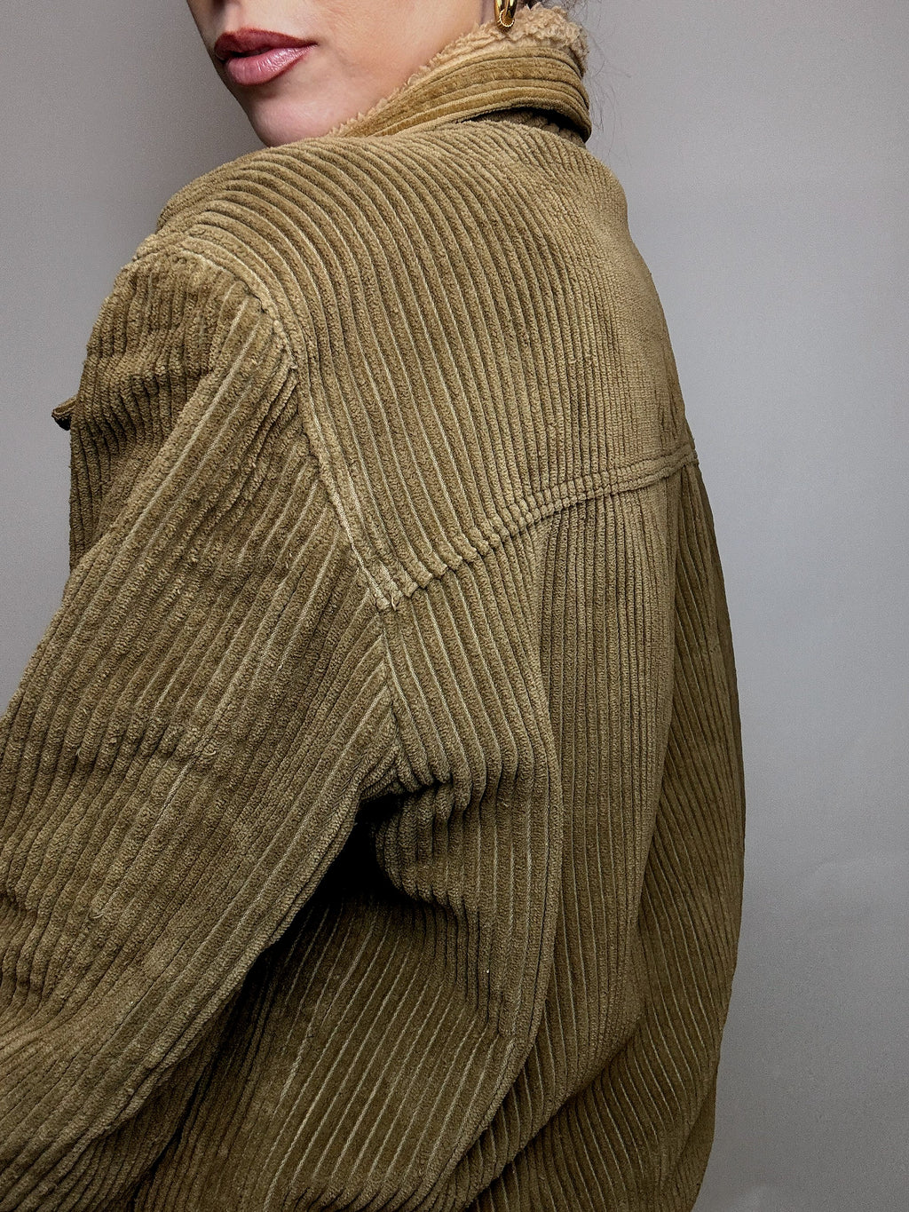 Blouson en velours cotelé doublé kaki M vintage