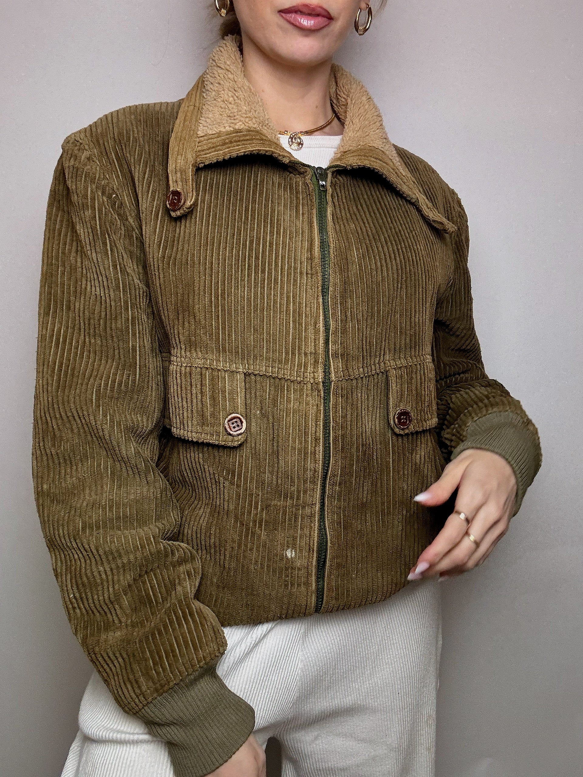 Blouson en velours cotelé doublé kaki M vintage