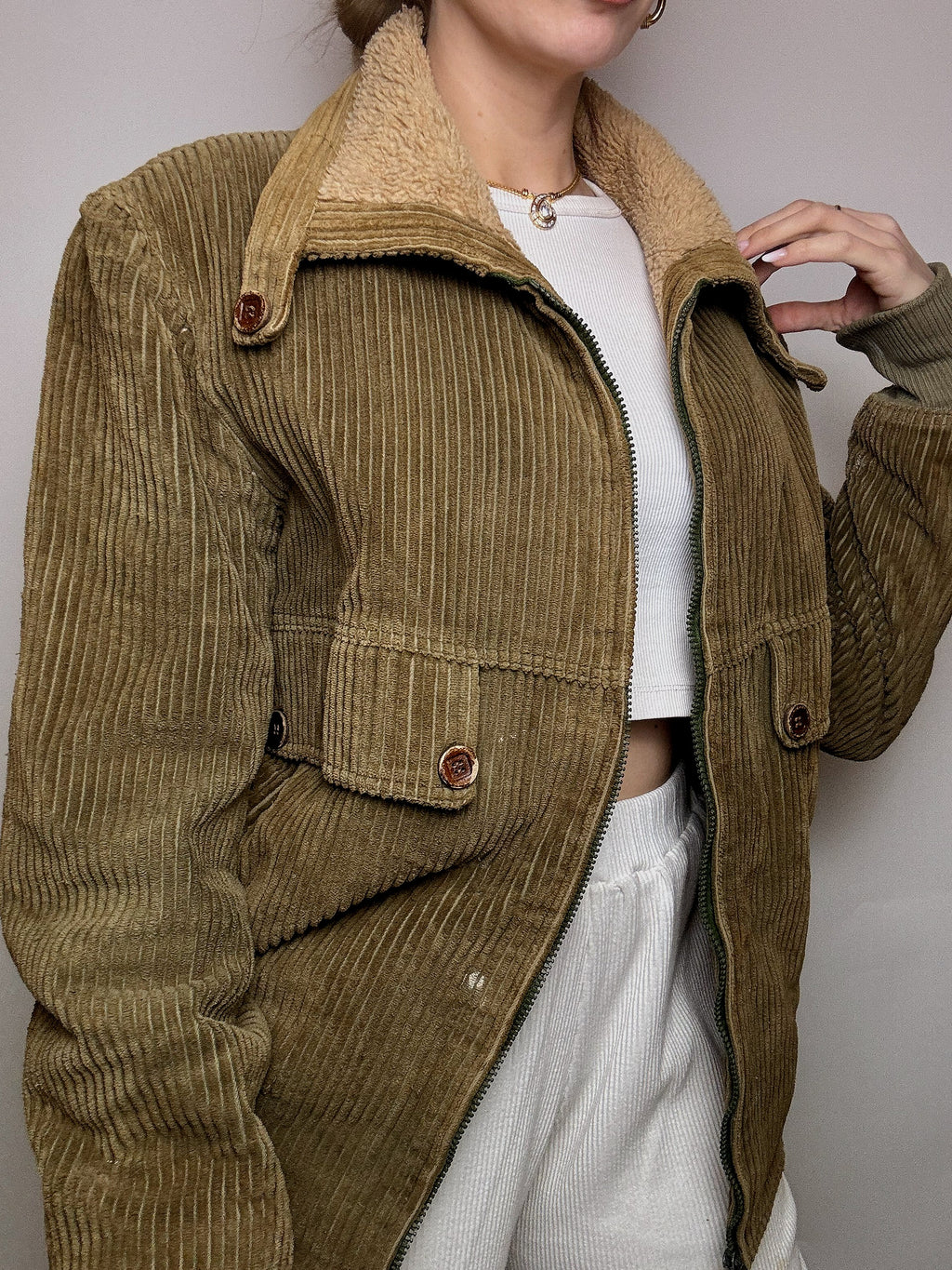 Blouson en velours cotelé doublé kaki M vintage