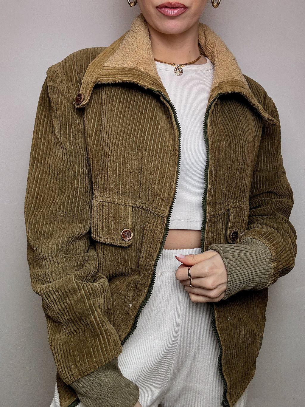 Blouson en velours cotelé doublé kaki M vintage