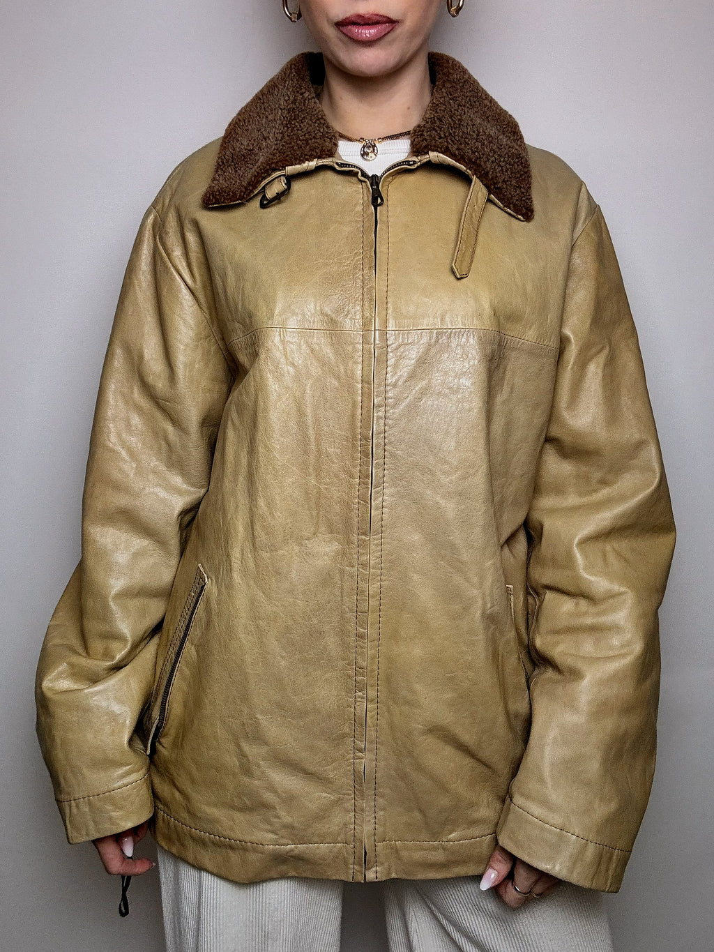 Vintage beige Lederjacke mit Kragen L 