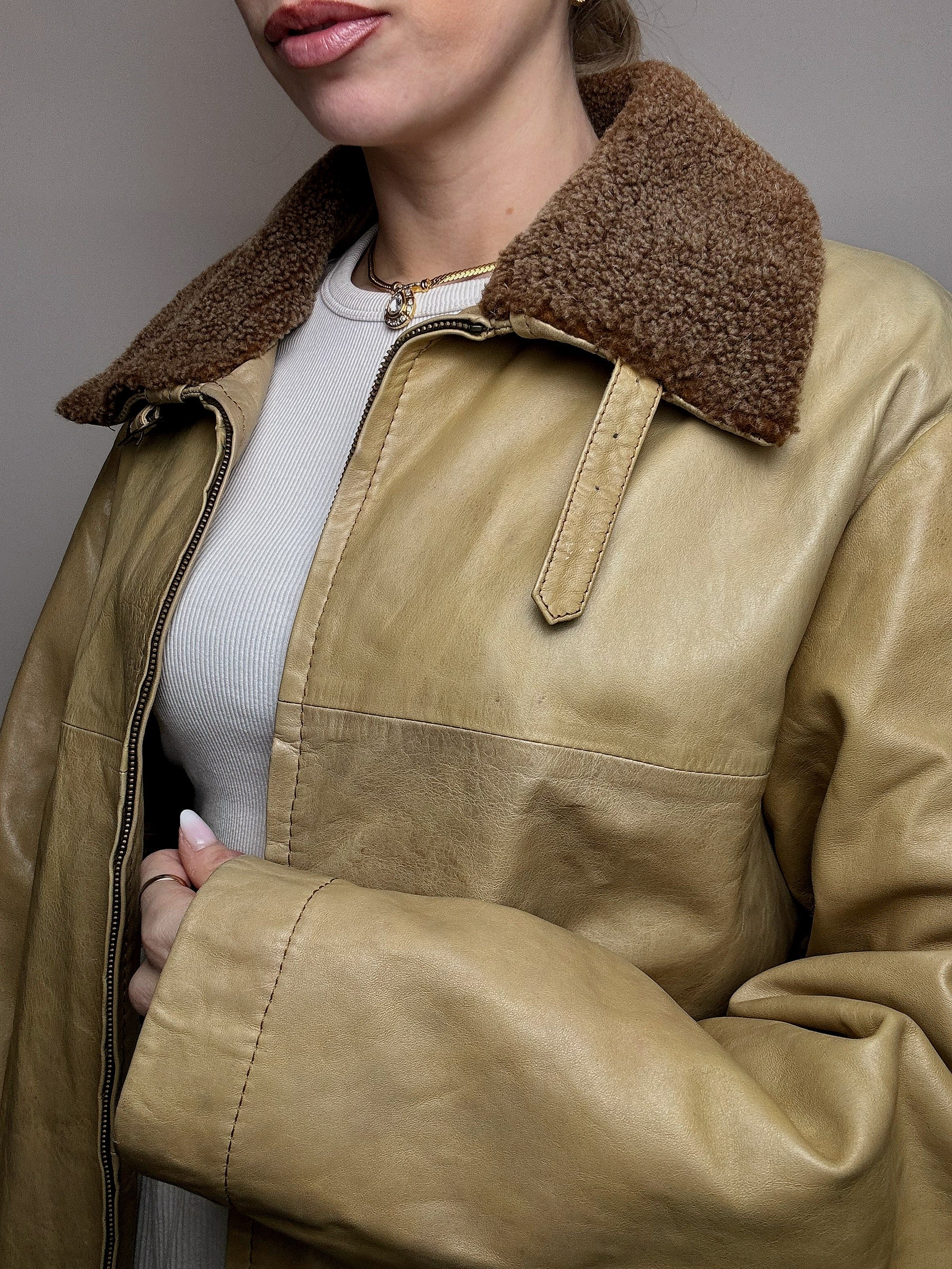 Vintage beige Lederjacke mit Kragen L 