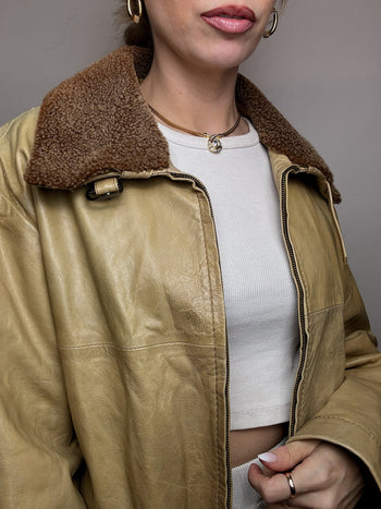 Vintage beige leather jacket with collar L 