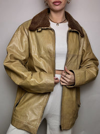 Vintage beige Lederjacke mit Kragen L 