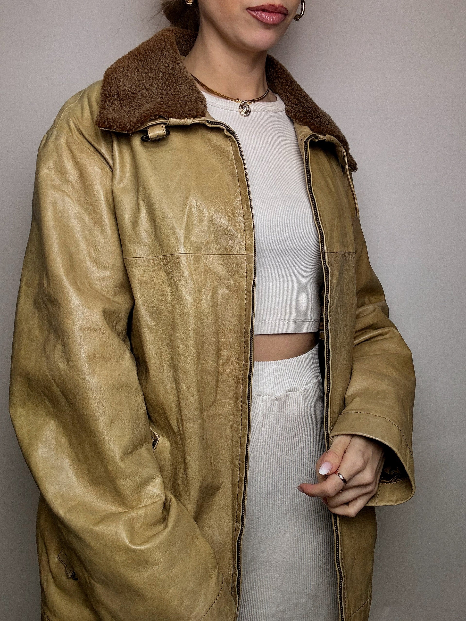 Vintage beige Lederjacke mit Kragen L 