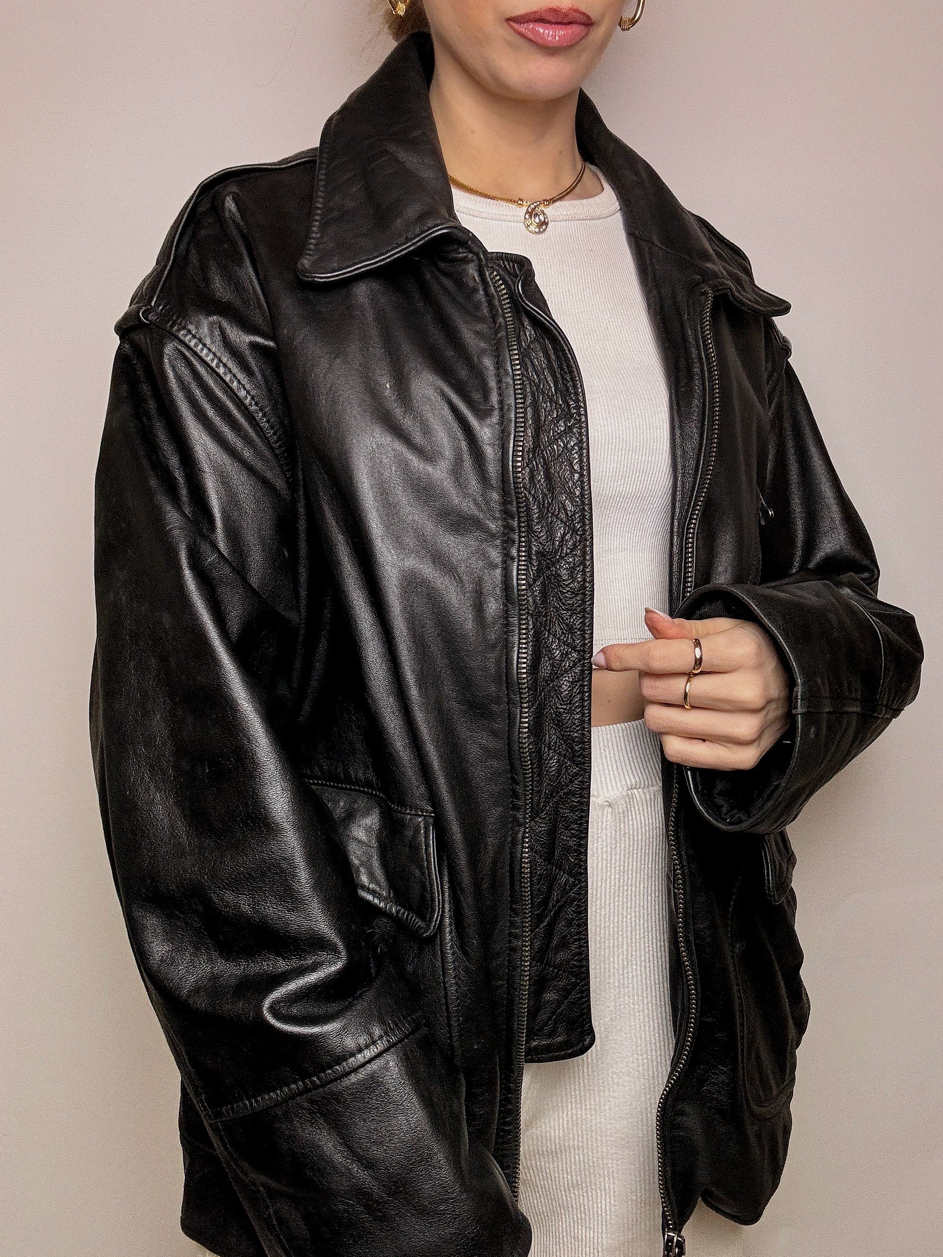 VERRA PELLE XL Vintage gerade schwarze Lederjacke