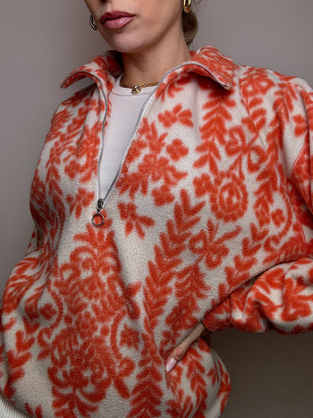 Cream and orange graphic fleece with zipped neck M vintage