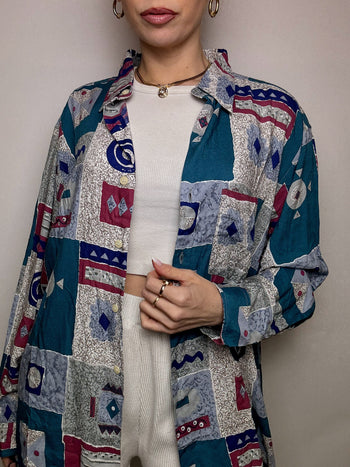 Vintage abstract print flowing shirt L