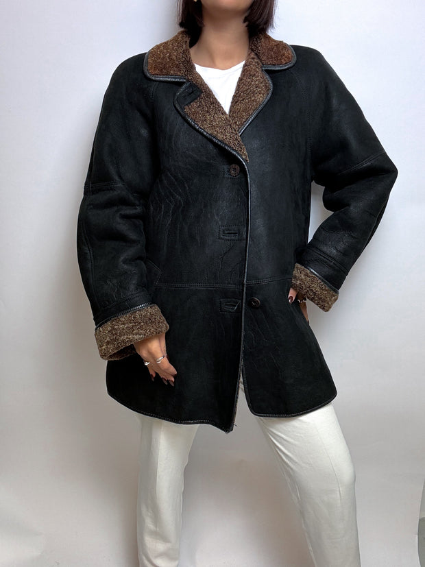 Brown and black vintage sheepskin coat M 