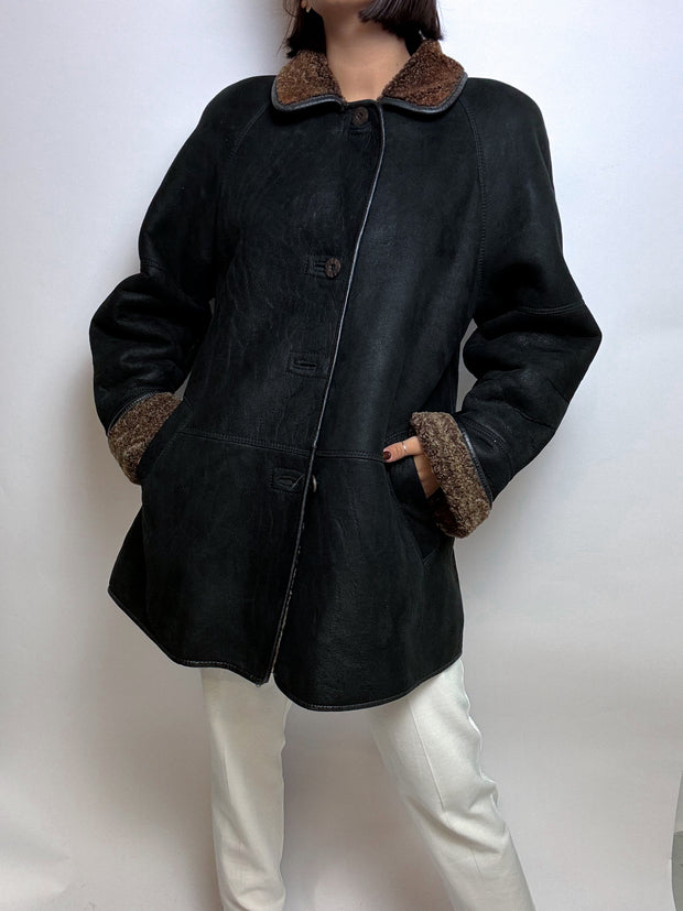 Brown and black vintage sheepskin coat M 