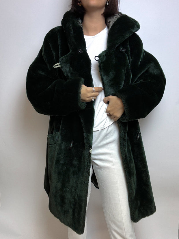 Manteau à capuche en fausse fourrure vert foncé vintage M