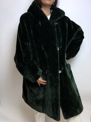 Manteau à capuche en fausse fourrure vert foncé vintage M