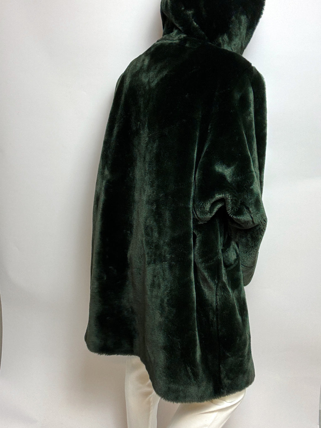 Vintage Dunkelgrüner Kunstfell-Kapuzenmantel M 