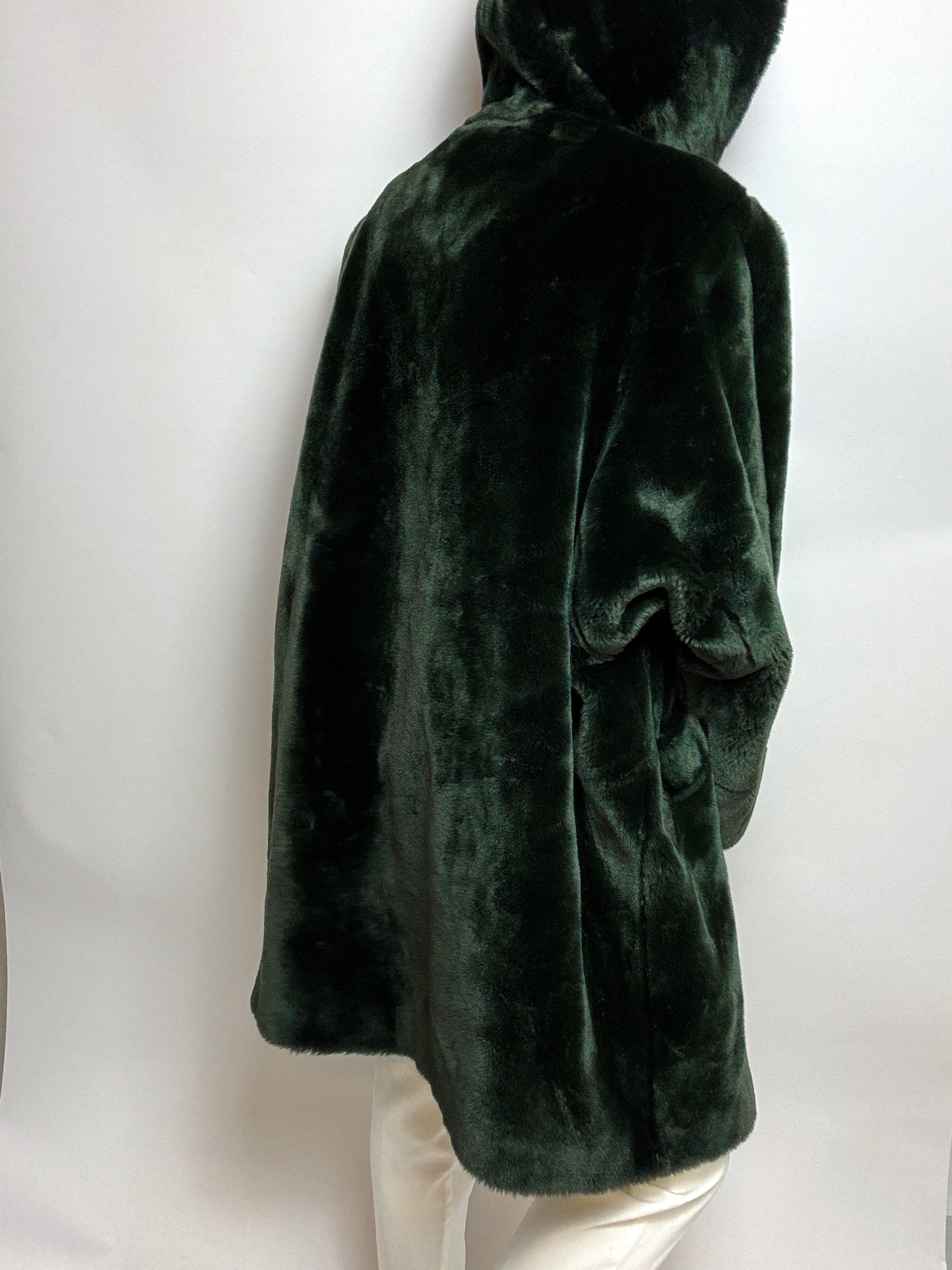 Vintage Dunkelgrüner Kunstfell-Kapuzenmantel M 