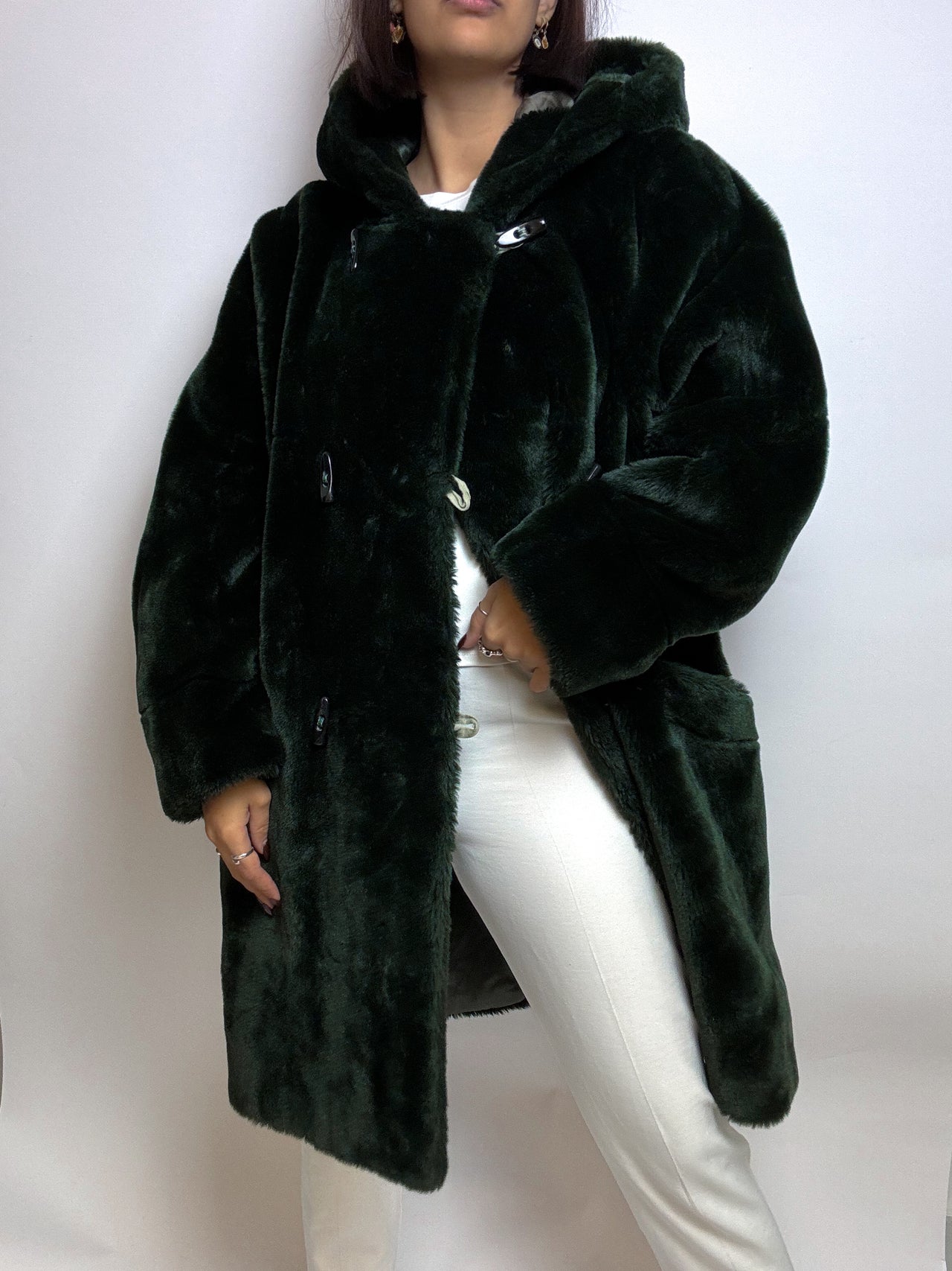 Vintage Dark Green Faux Fur Hooded Coat M 