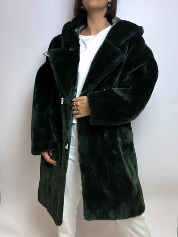 Manteau à capuche en fausse fourrure vert foncé vintage M