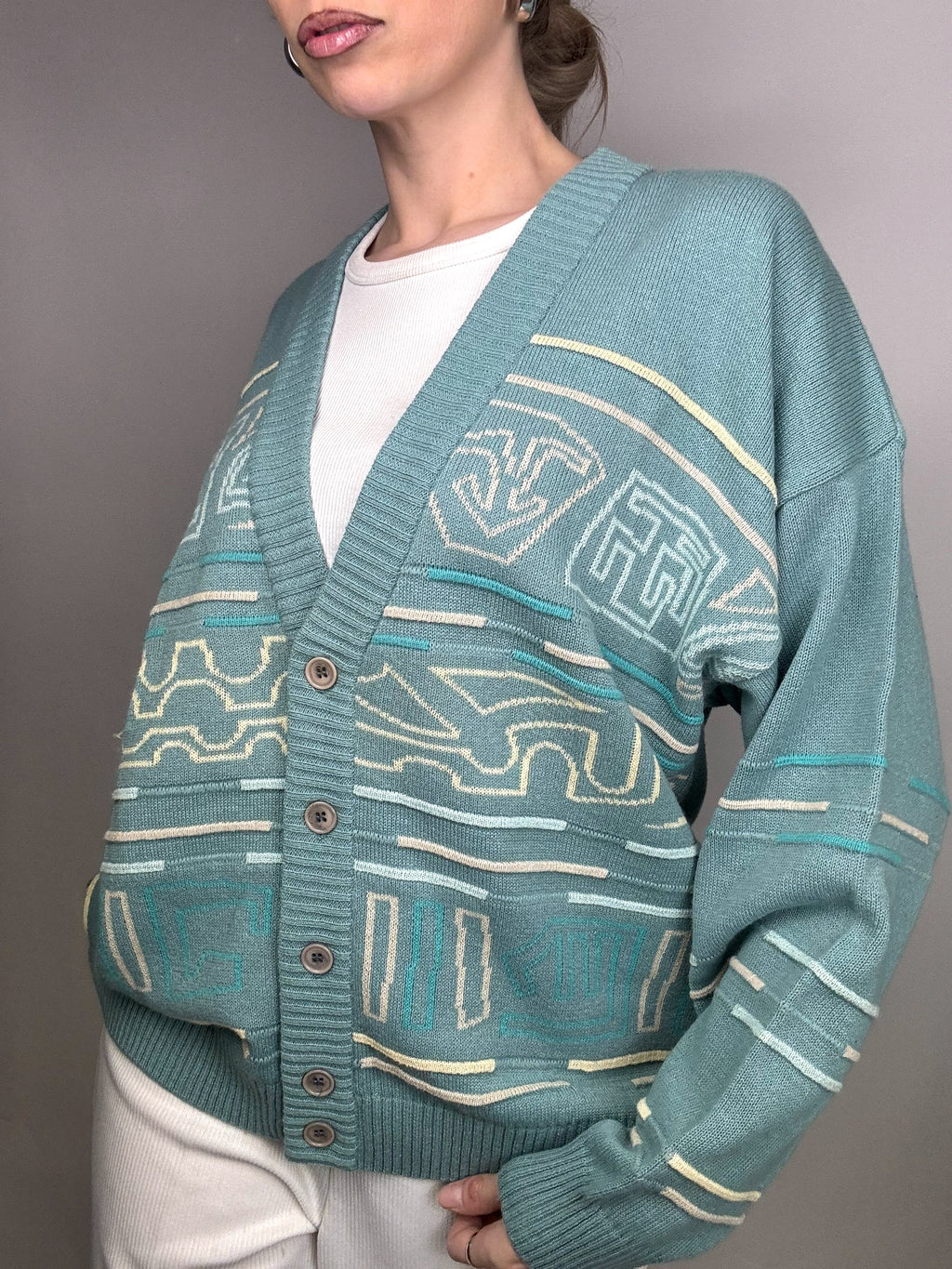 Vintage XL Cotton Mint Blue Patterned Cardigan