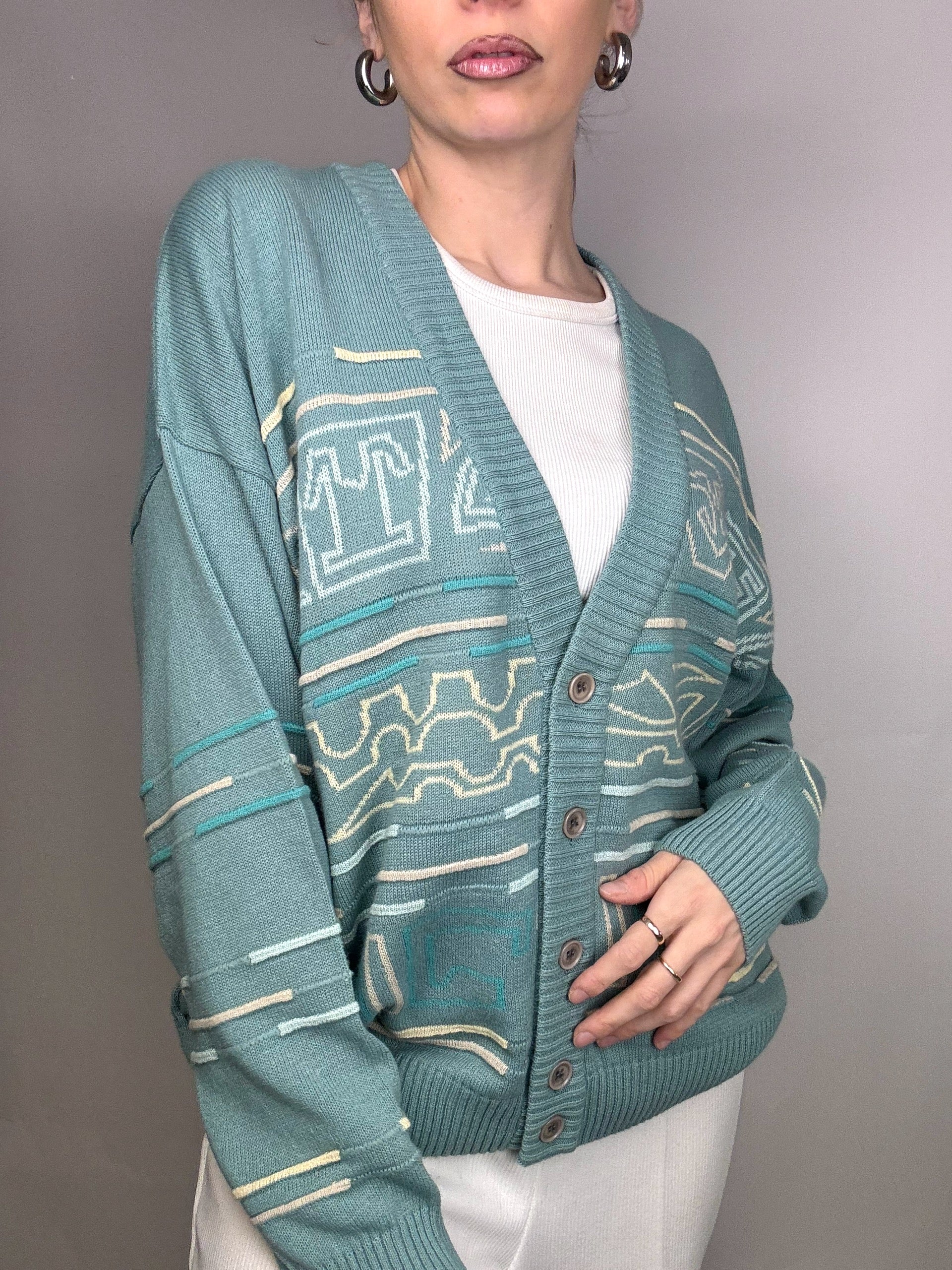 Vintage XL Cotton Mint Blue Patterned Cardigan