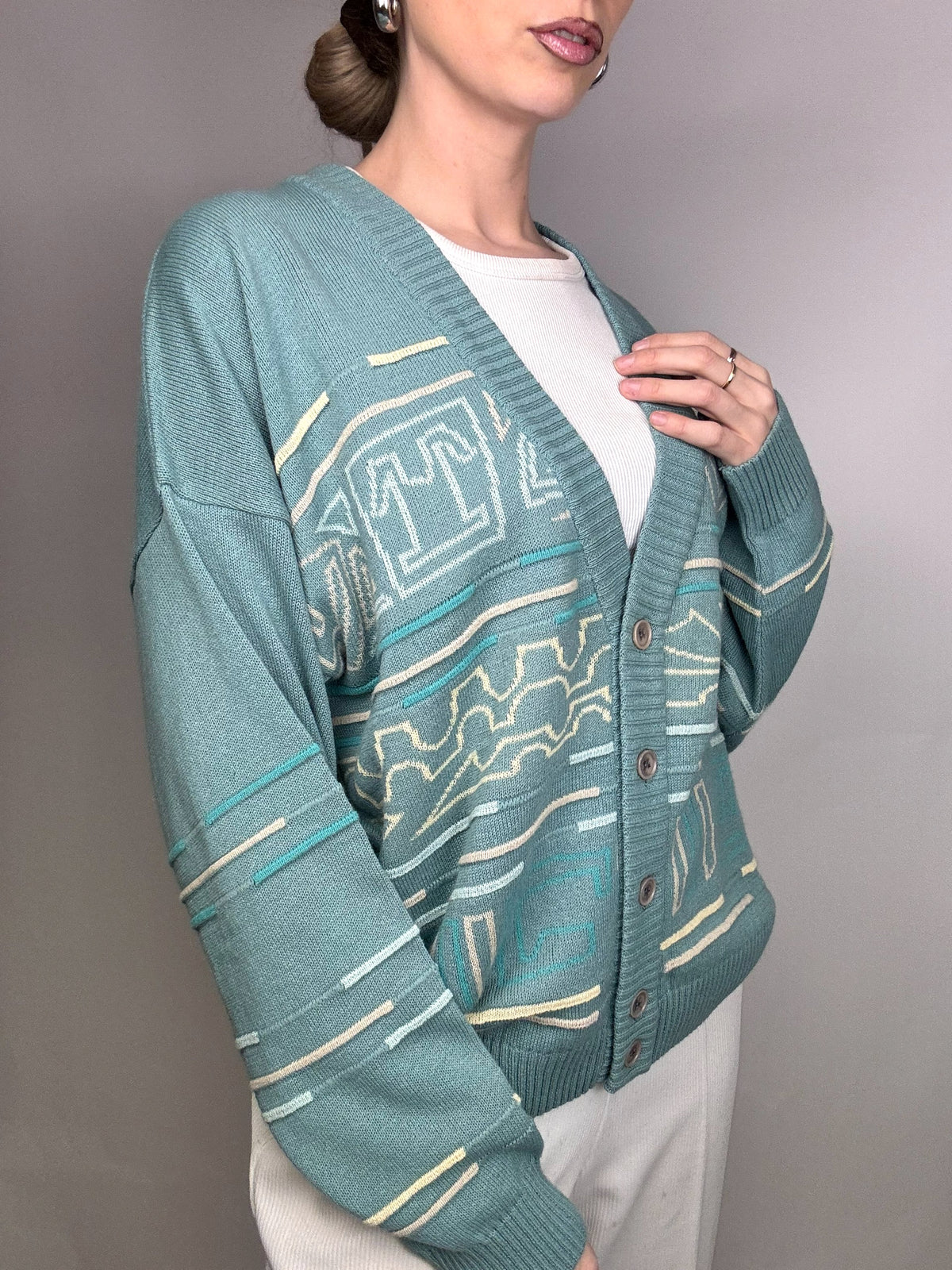 Vintage XL Cotton Mint Blue Patterned Cardigan