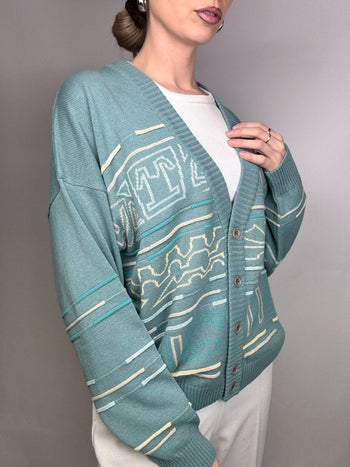 Cardigan à motif bleu menthe en coton XL Vintage