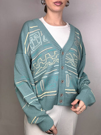 Cardigan à motif bleu menthe en coton XL Vintage