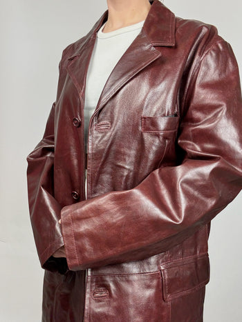 Veste en cuir vernis longue bordeaux XL vintage