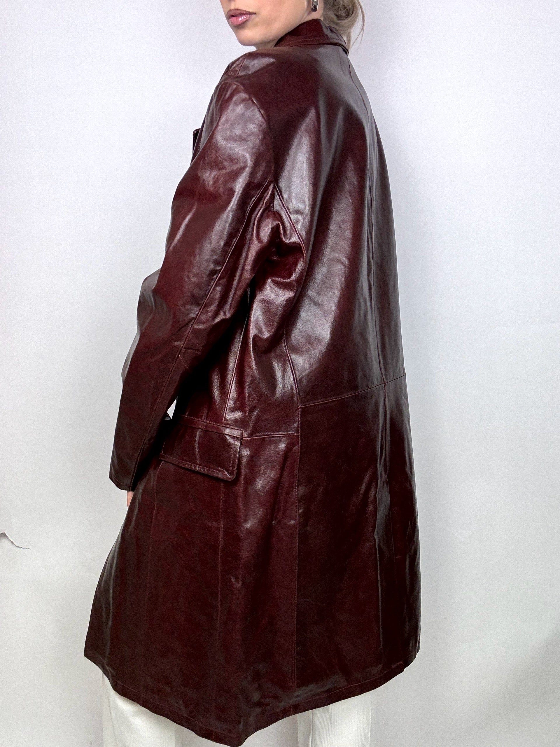 Veste en cuir vernis longue bordeaux XL vintage