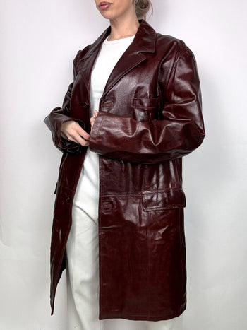 Veste en cuir vernis longue bordeaux XL vintage