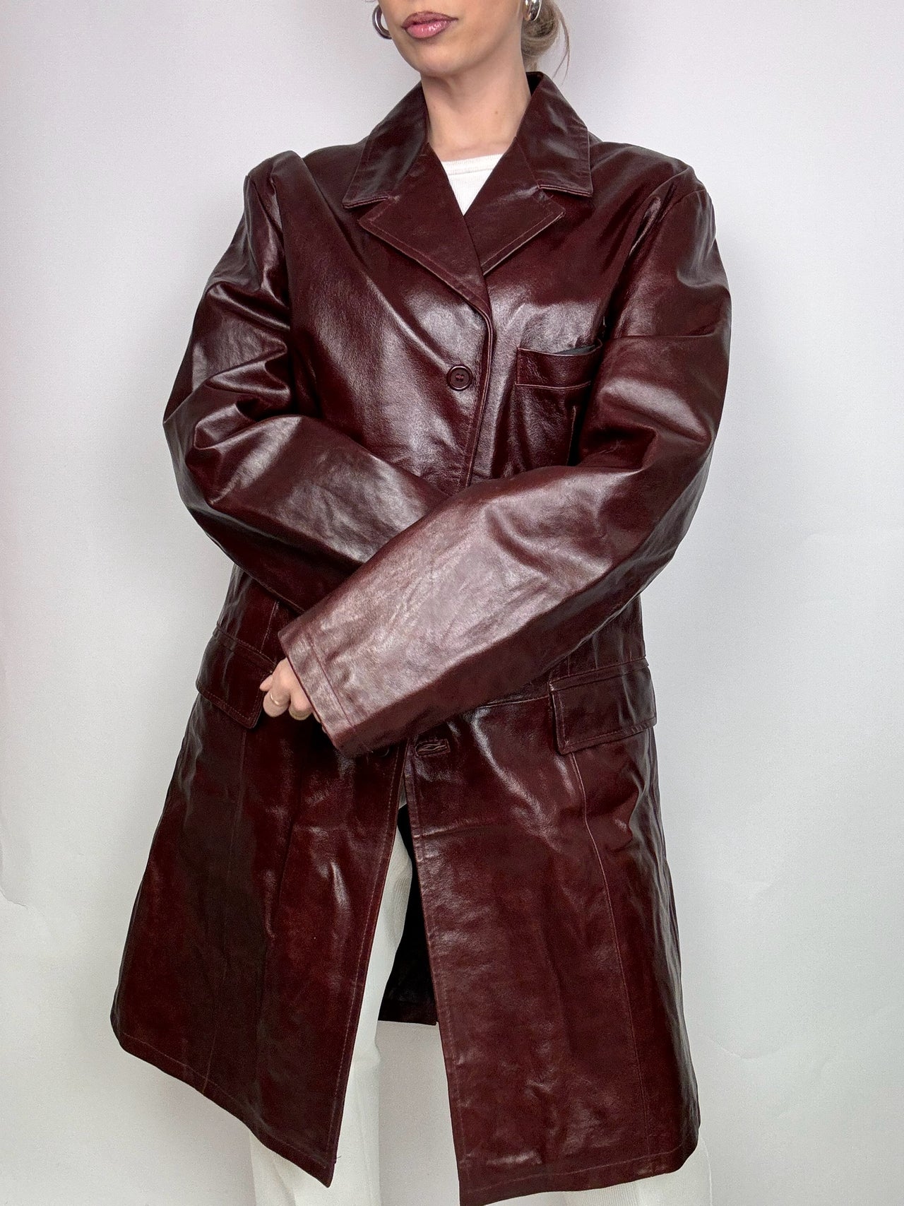 Veste en cuir vernis longue bordeaux XL vintage