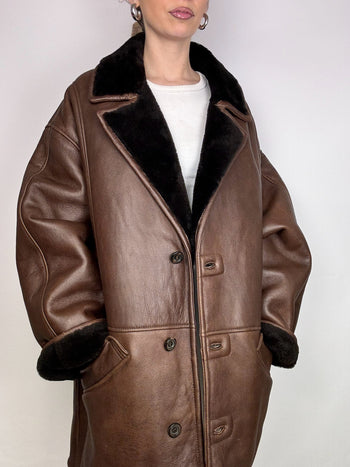 Manteau en peau de mouton retournée marron L/XL vintage