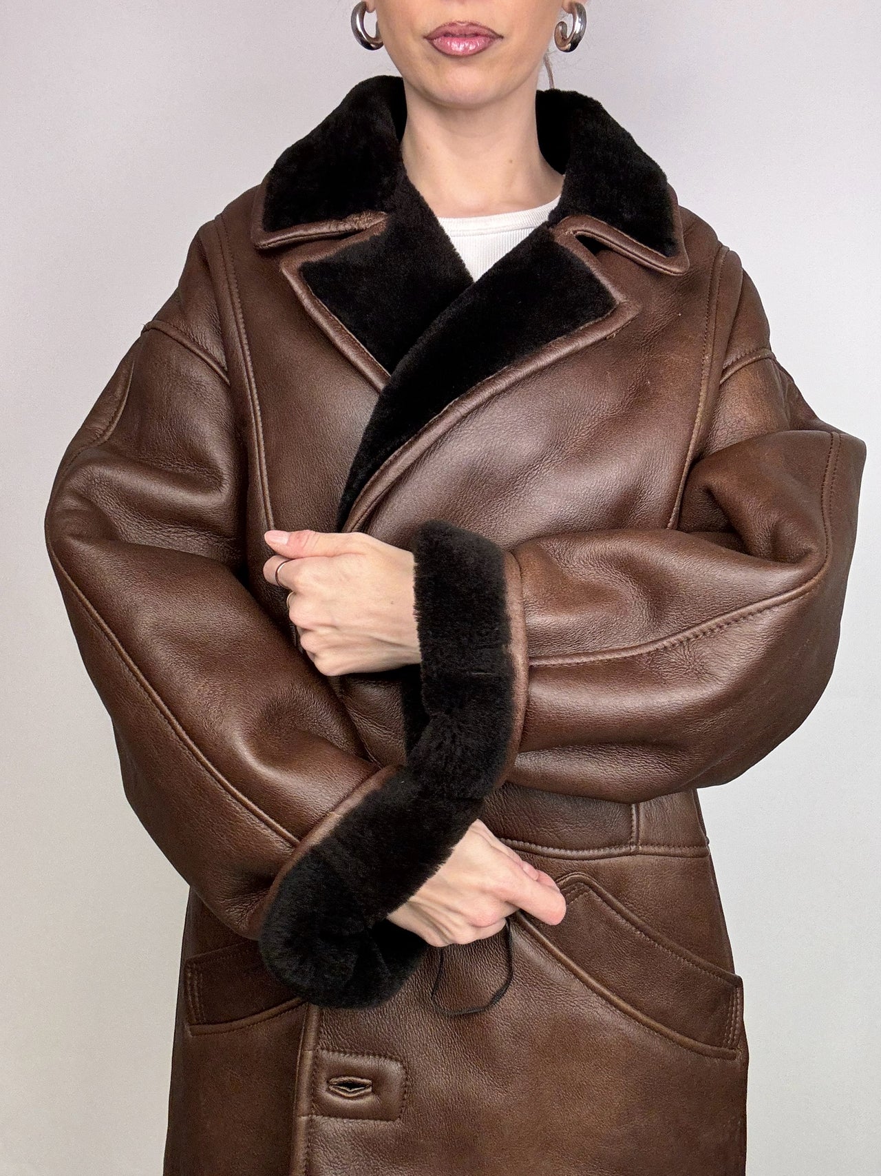 Manteau en peau de mouton retournée marron L/XL vintage