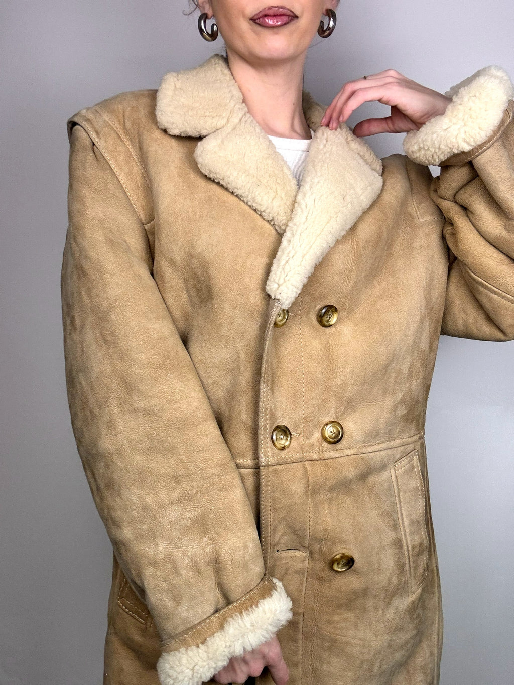 Vintage beigefarbener Lammfellmantel L/XL
