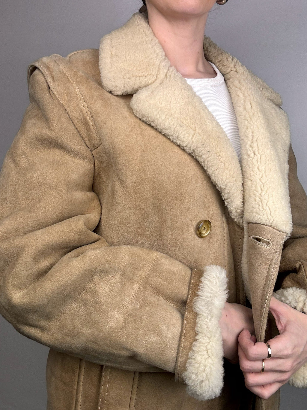 Vintage beigefarbener Lammfellmantel L/XL