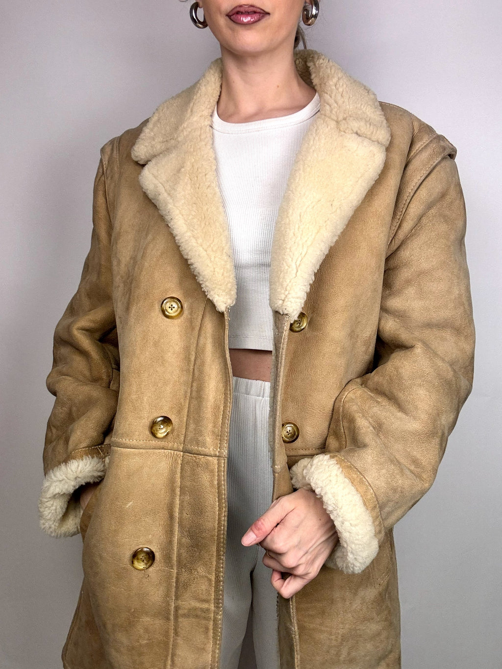 Vintage beigefarbener Lammfellmantel L/XL