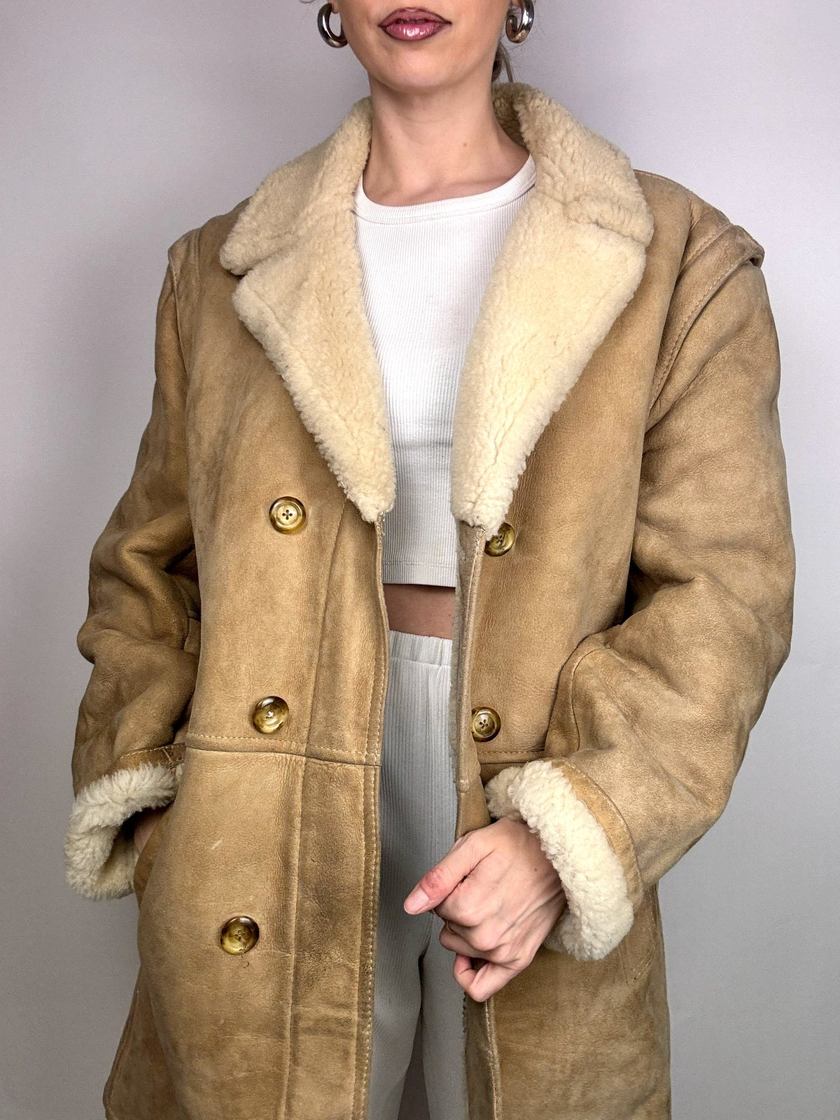 Vintage beigefarbener Lammfellmantel L/XL