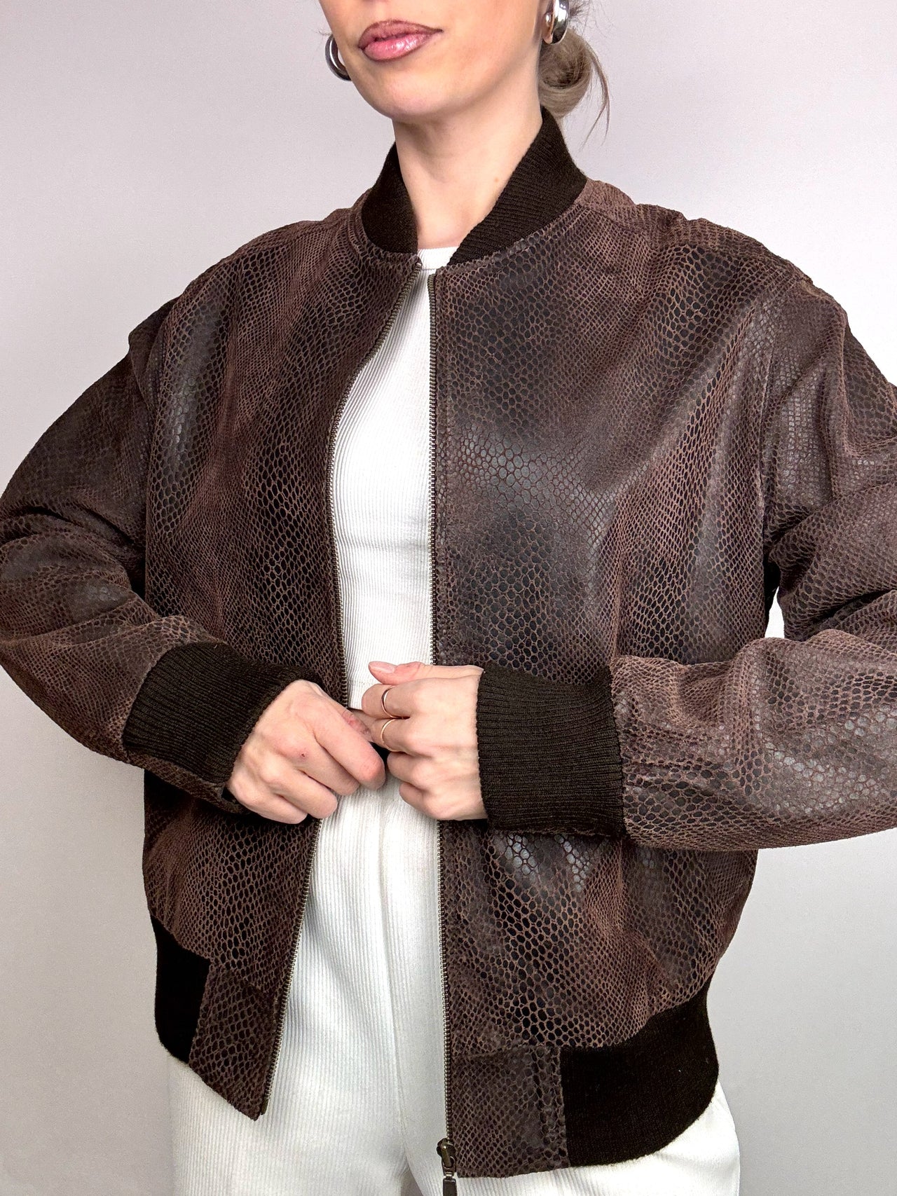 Blouson en cuir effet python brun M vintage