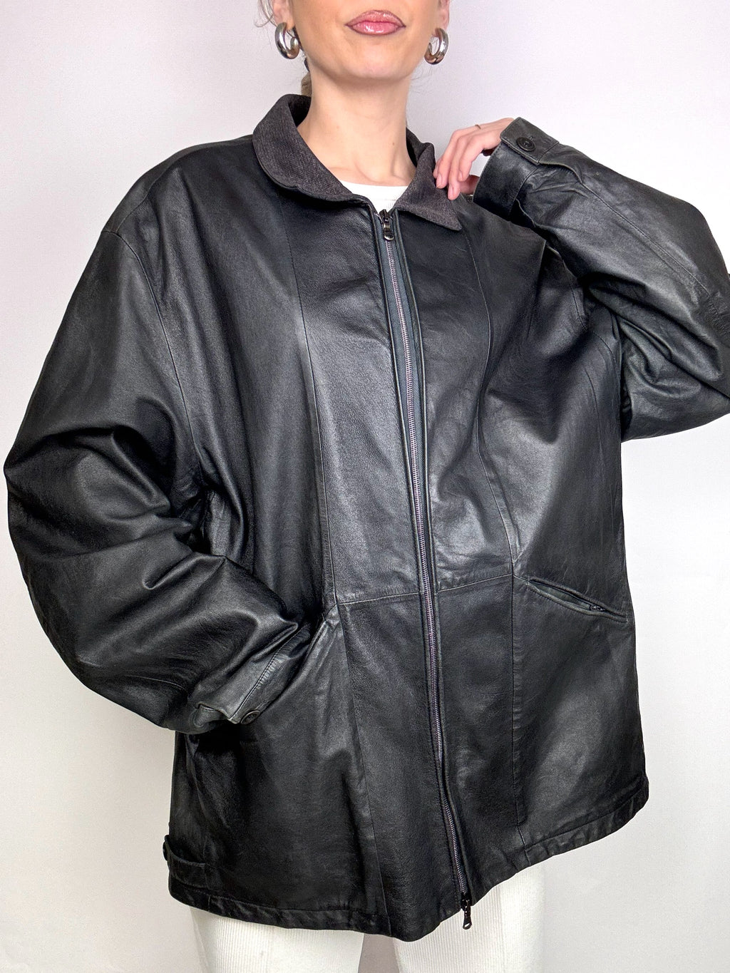 Vintage XL schwarze gerade schmale Lederjacke